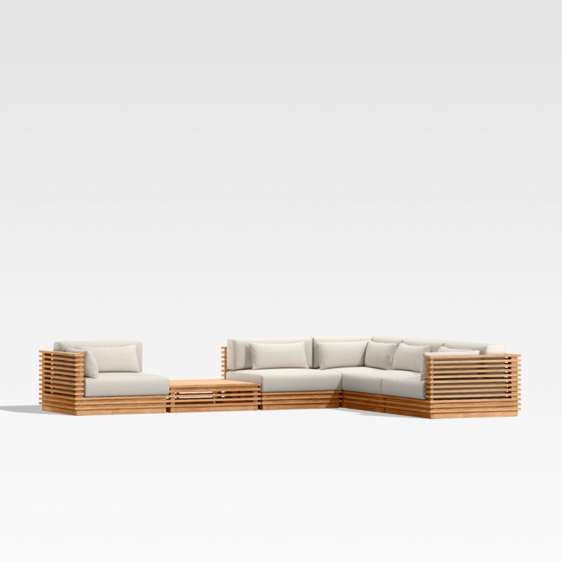 Batten 6-Piece L-Shaped Teak Outdoor Sectional Sofa with Side Coffee Table & Oat Cushions