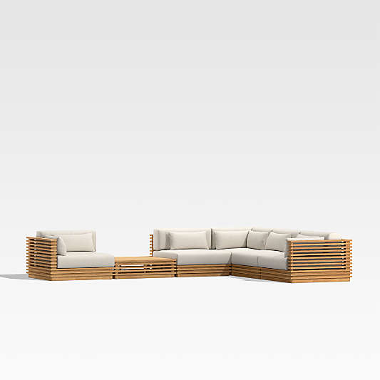 Batten Natural Teak 6-Piece L-Shaped Outdoor Sectional Sofa with Side Coffee Table & Oat Cushions