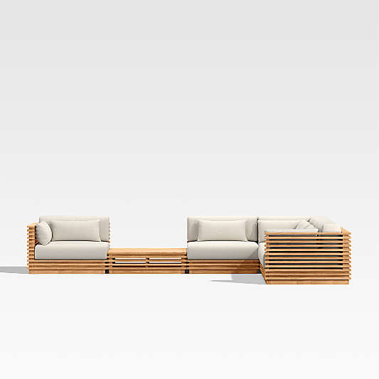 Batten Natural Teak 6-Piece L-Shaped Outdoor Sectional Sofa with Side Coffee Table & Oat Cushions