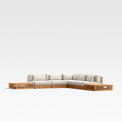 Batten Natural Teak 7-Piece L-Shaped Outdoor Sectional Sofa with Side Coffee Tables & Oat Cushions