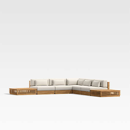 Batten Natural Teak 7-Piece L-Shaped Outdoor Sectional Sofa with Side Coffee Tables & Oat Cushions