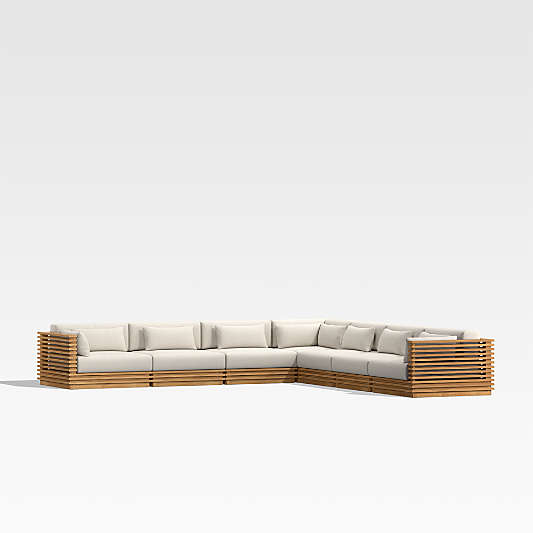 Batten Natural Teak 7-Piece L-Shaped Outdoor Sectional Sofa with Oat Cushions