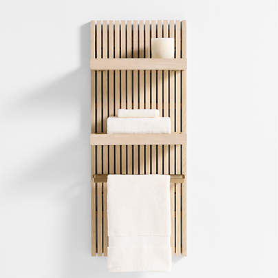 Batten 39" White Oak Wood Bath Wall Panel with 2 Bath Wall Shelves and 1 Brass Bath Towel Bar