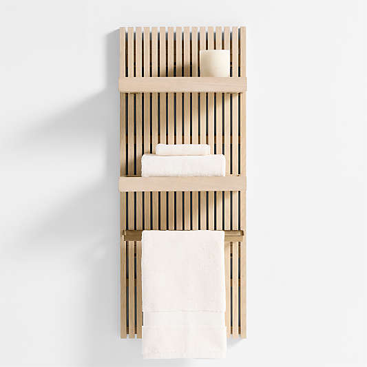 Batten 39" White Oak Wood Bath Wall Panel with 2 Bath Wall Shelves and 1 Brass Bath Towel Bar