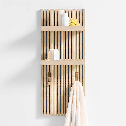 Batten 39" White Oak Wood Bath Wall Panel with 2 Bath Wall Shelves and 2 Brass Bath Towel Hooks