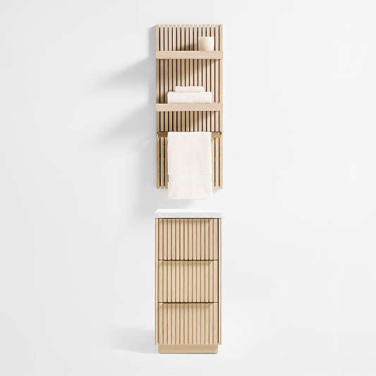 Batten 39" White Oak Wood Bath Wall Panel with 2 Bath Wall Shelves and 1 Brass Bath Towel Bar