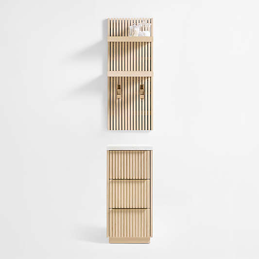 Batten 39" White Oak Wood Bath Wall Panel with 2 Bath Wall Shelves and 2 Brass Bath Towel Hooks