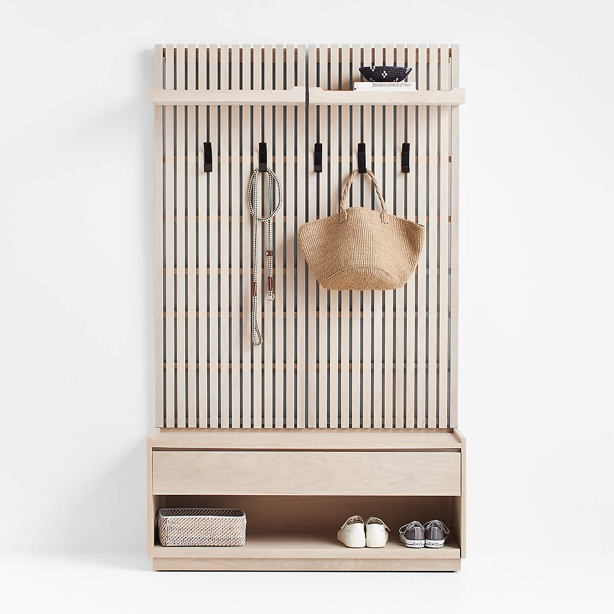 Batten White Oak Storage Bench and Panel Set with Flat Shelf and Coat