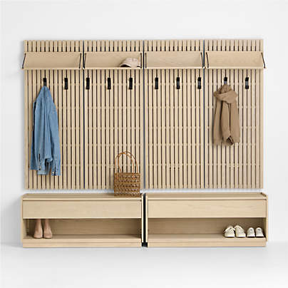 Batten 95" White Oak Storage Bench and Panel Set with Reversible Shelf, Set of 2