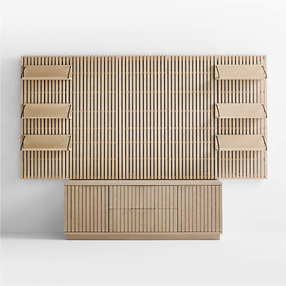 Batten White Oak Storage Media Console Set with 5 Panels and 6 Reversible Shelves