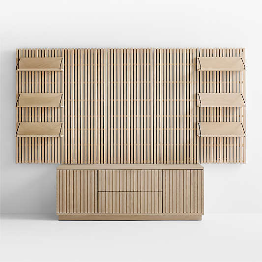 Batten White Oak Storage Media Console Set with 5 Panels and 6 Reversible Shelves