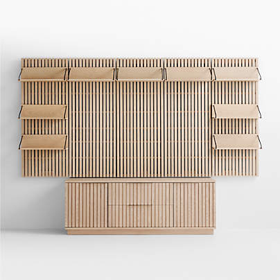 Batten White Oak Storage Media Console Set with 5 Panels and 9 Reversible Shelves