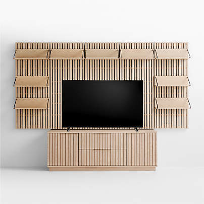 Batten White Oak Storage Media Console Set with 5 Panels and 9 Reversible Shelves