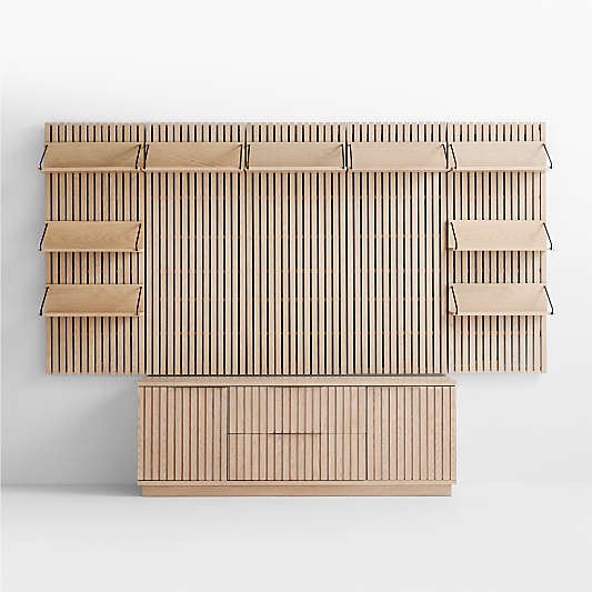 Batten White Oak Storage Media Console Set with 5 Panels and 9 Reversible Shelves