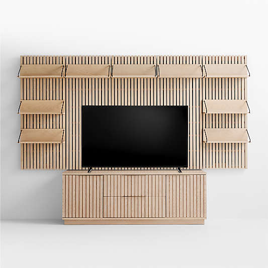 Batten White Oak Storage Media Console Set with 5 Panels and 9 Reversible Shelves