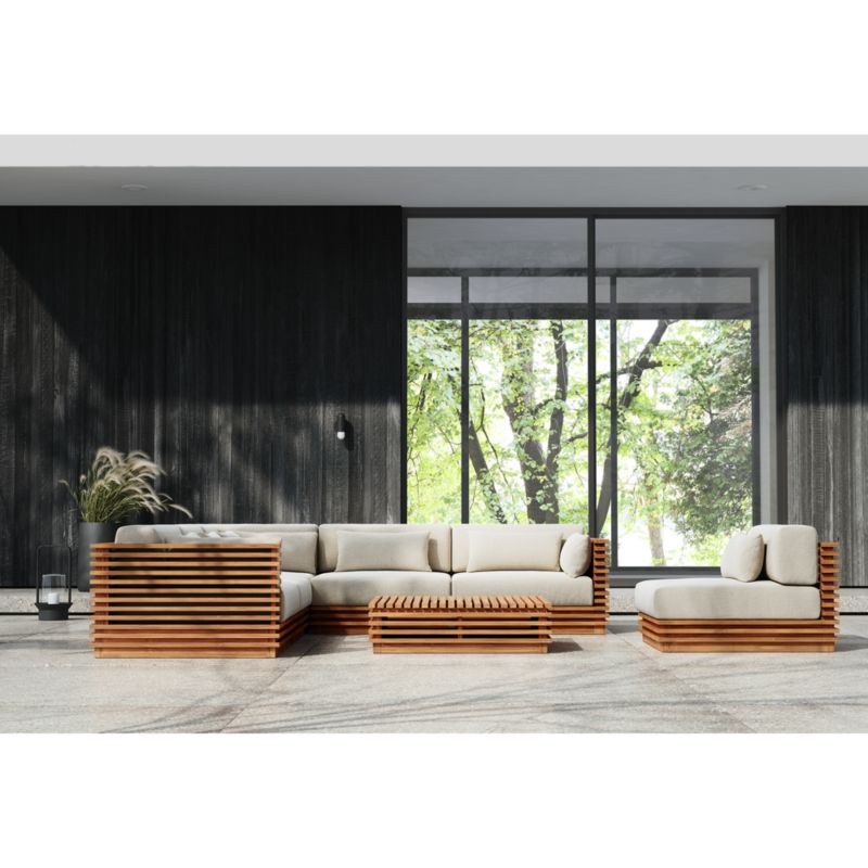 Batten 5 Piece L Shaped Teak Outdoor Sectional Sofa with Oat Cushions