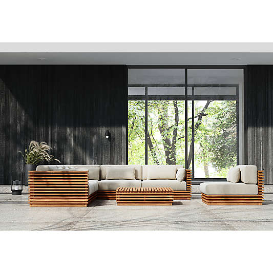 Batten Natural Teak 8-Piece U-Shaped Outdoor Sectional Sofa with Corner Coffee Tables & Range Dune Stripe Sunbrella ® Cushions