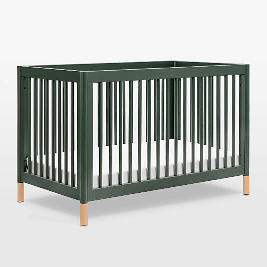 Babyletto Gelato Forest Green Natural Wood & Vegan Tan Leather 4-in-1 Convertible Baby Crib with Toddler Bed Conversion Kit