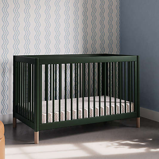 Babyletto Gelato Forest Green Natural Wood & Vegan Tan Leather 4-in-1 Convertible Baby Crib with Toddler Bed Conversion Kit