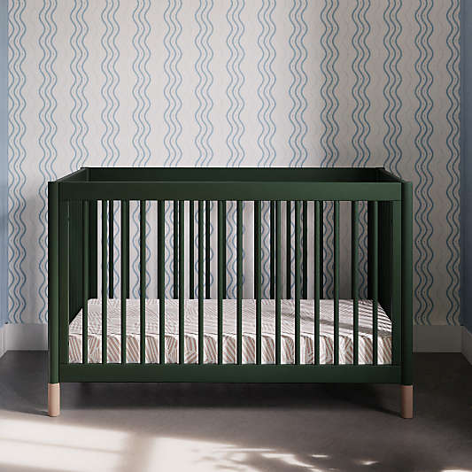 Babyletto Gelato Forest Green Natural Wood & Vegan Tan Leather 4-in-1 Convertible Baby Crib with Toddler Bed Conversion Kit