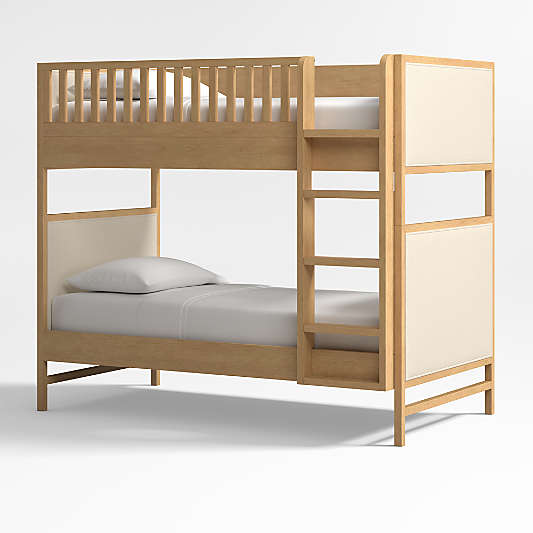 Beau Natural Oak Wood and Upholstered Kids Convertible Bunk Bed