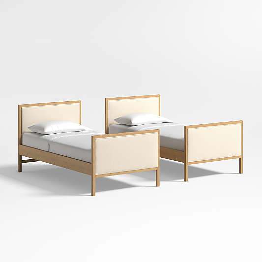 Beau Natural Oak Wood and Upholstered Kids Convertible Bunk Bed