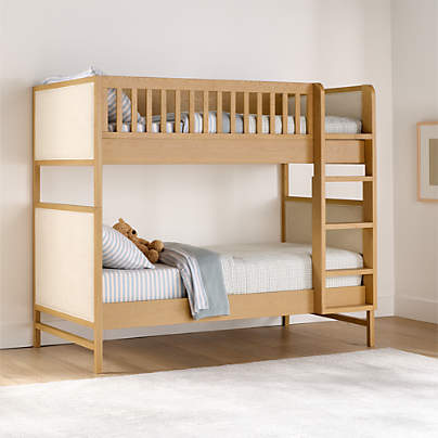 Beau Natural Oak Wood and Upholstered Kids Convertible Bunk Bed