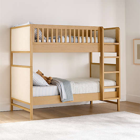Beau Natural Oak Wood and Upholstered Kids Convertible Bunk Bed