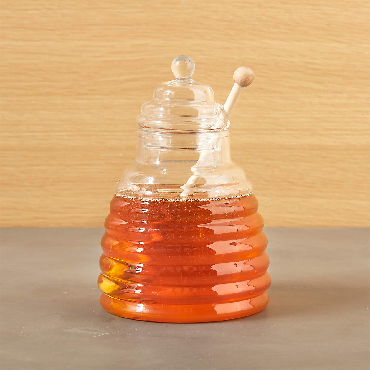 Details about   Crate & Barrel Bee Hive Honey Jar Clear Glass NIB with wooden honey dipper 