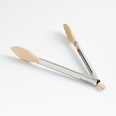 View Crate & Barrel Beechwood and Stainless Steel Serving Tongs 12" details