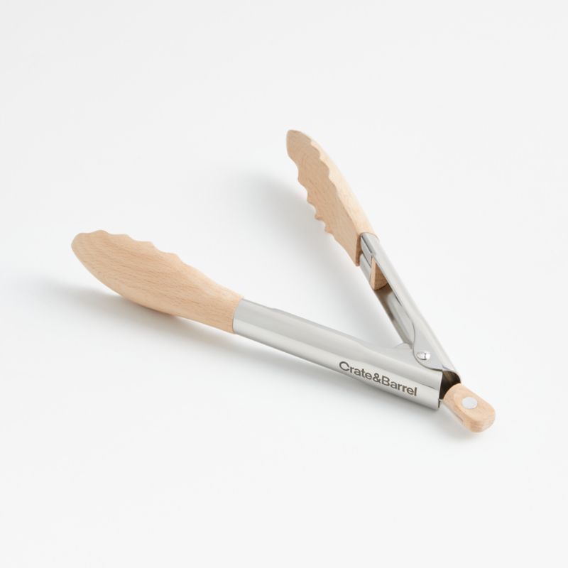 Crate & Barrel Beechwood and Stainless Steel Serving Tongs 12"