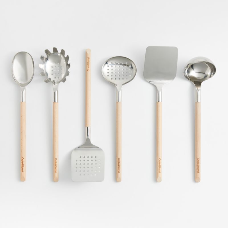 Crate & Barrel Beechwood and Stainless Steel Utensils, Set of 6
