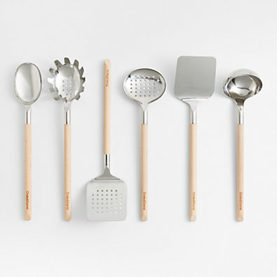 View Crate & Barrel Beechwood and Stainless Steel Utensils, Set of 6 details