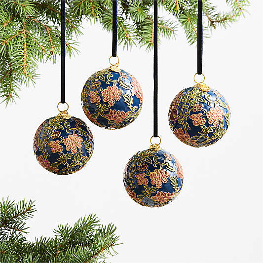 Blue Floral Cloisonne 2026 Christmas Tree Ornament, Set of 4