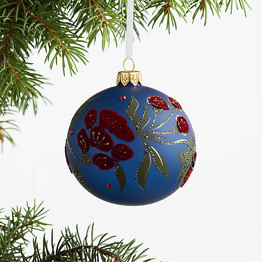 European Blue and Red Botanical Glass Christmas Tree Ornament