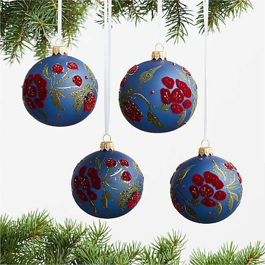 European Blue and Red Botanical Glass Christmas Tree Ornament Set of 4