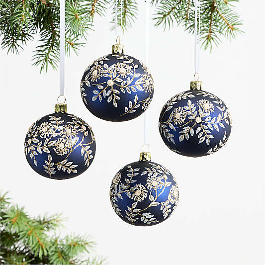 European Blue and White Botanical Ball Christmas Tree Ornament Set of 4