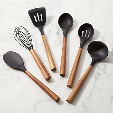 View Black Silicone Utensils with Acacia Handles, Set of 6 details