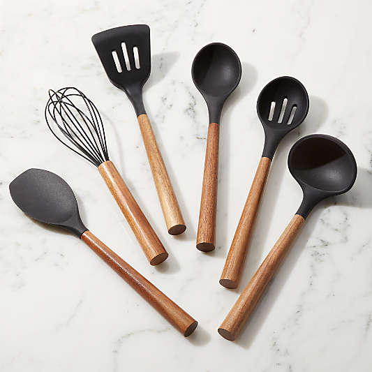 Black Silicone Utensils with Acacia Handles, Set of 6