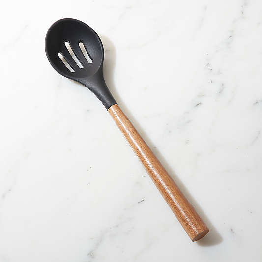 Black Silicone Slotted Spoon with Acacia Handle