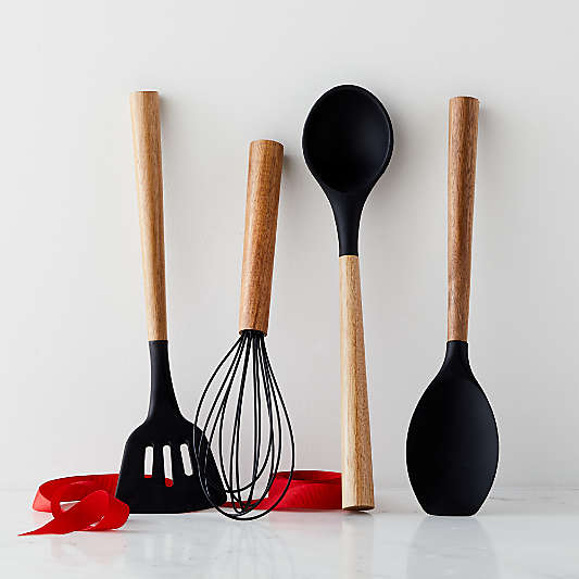 Black Silicone Utensils with Acacia Handles Gift Set