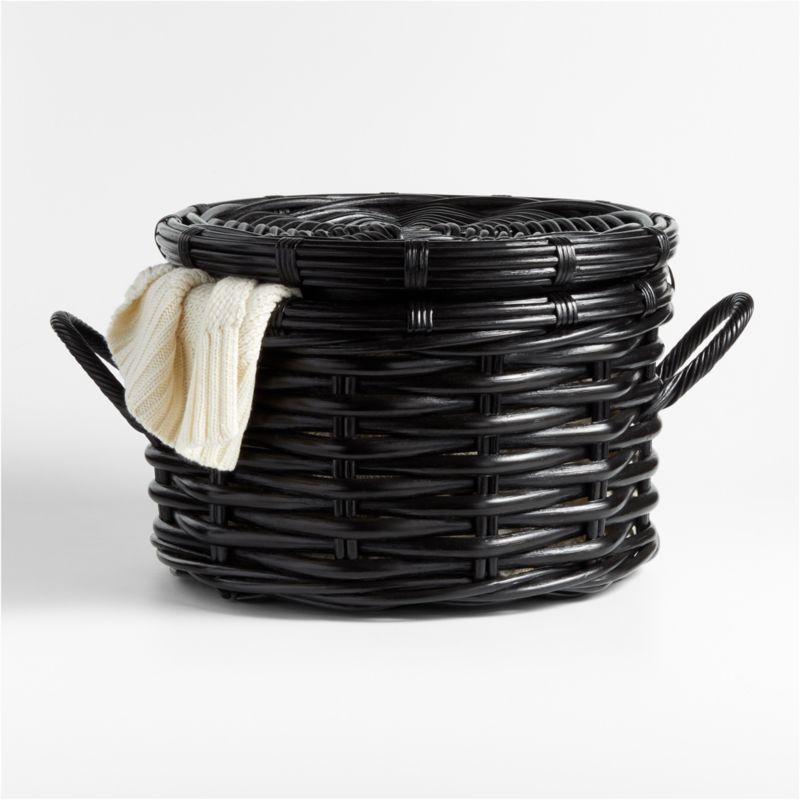 Medium Black Woven Rattan Basket withLid