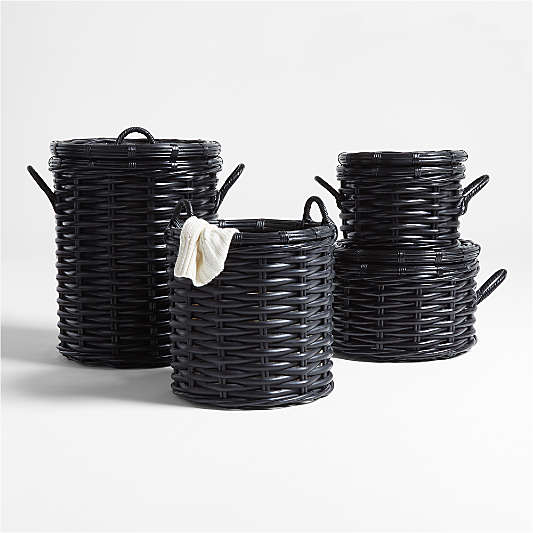 Black Rattan Woven Round Baskets