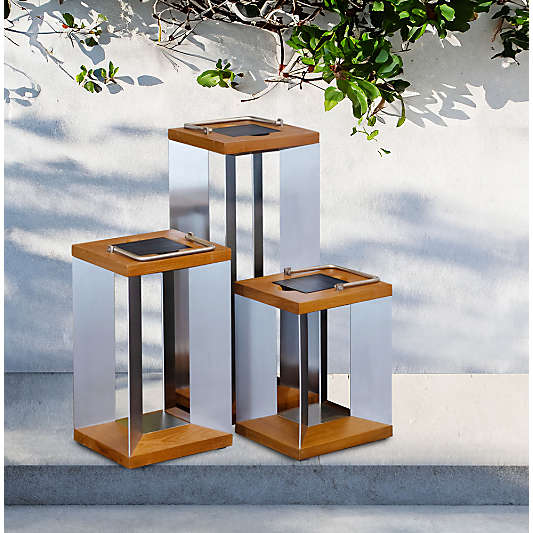 Blade Teak and Stainless Steel LED Solar Outdoor Lanterns
