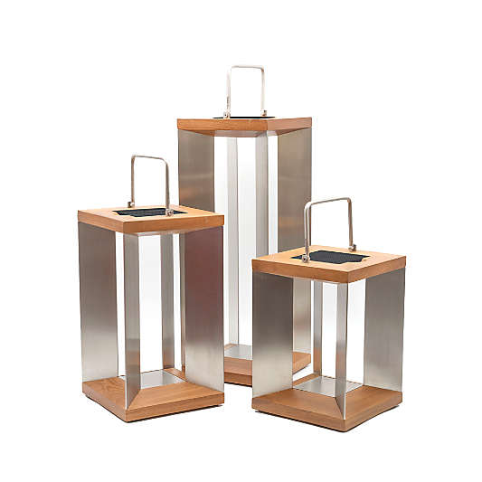 Blade Teak and Stainless Steel LED Solar Outdoor Lanterns
