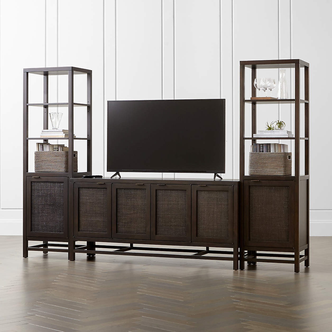 Blake 68" Dark Brown and Rattan Storage Media Console with 2 Tall