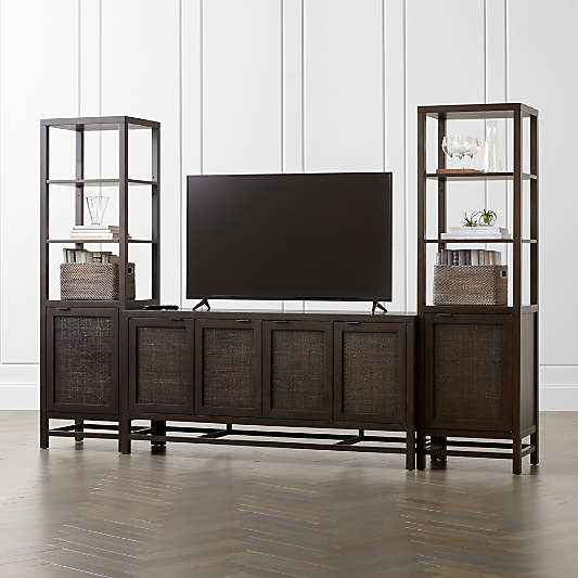 Blake 68" Dark Brown and Rattan Storage Media Console with 2 Tall Cabinets