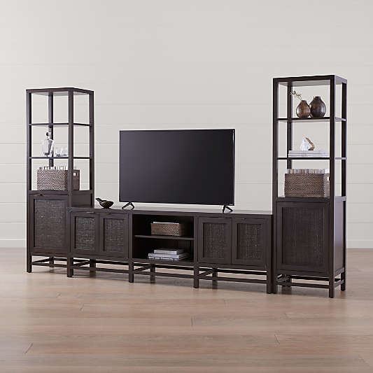 Blake 85" Dark Brown Teak and Rattan Storage Media Console with 2 Tall Cabinets