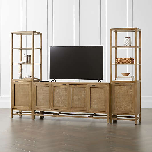 Blake 68" Light Brown Teak and Rattan Storage Media Console with 2 Tall Cabinets