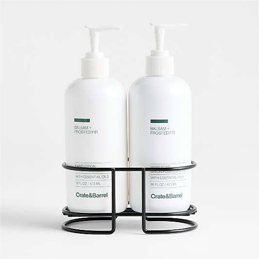 Balsam + Frosted Fir Hand Soap and Lotion Set with Matte Black Caddy
